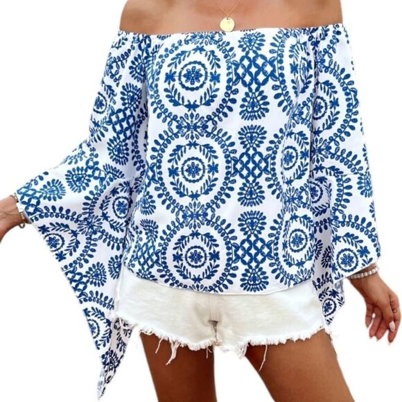AMAZON BLUE & WHITE OFF-THE-SHOULDER BLOUSE SZ.L EUC - Picture 1 of 7